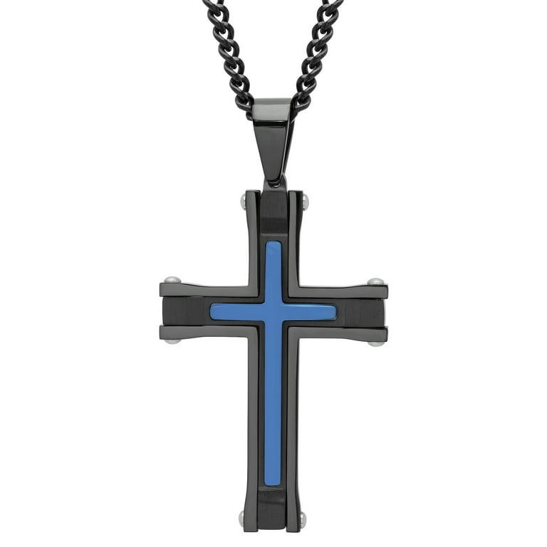 Mens Black and Blue Stainless Steel Stacked Cross Pendant Necklace