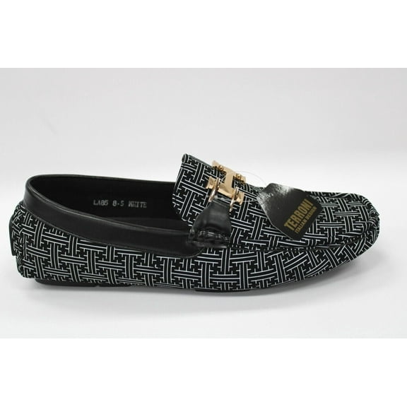 Mens Black and White Designer Gold H Buckle Slip On Loafers By Terroni LA-85