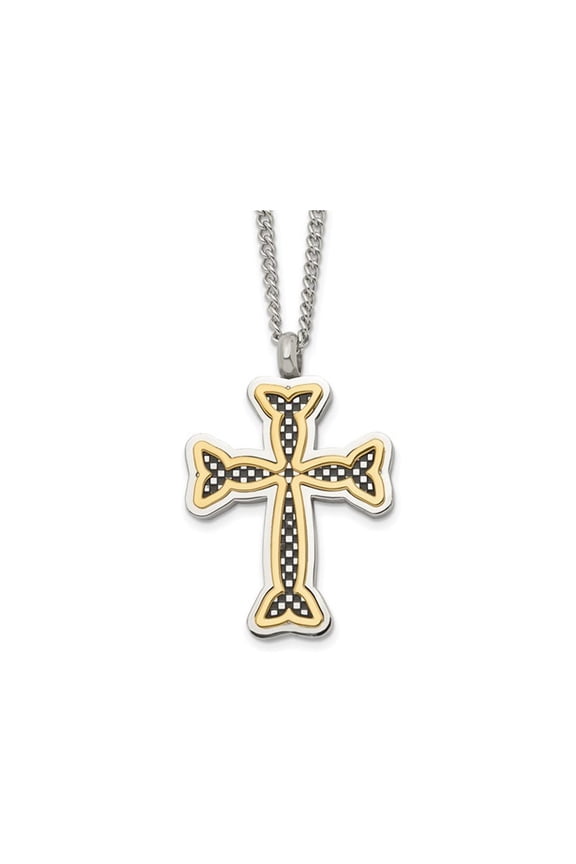 Mens Black and Yellow Plated Stainless Steel Cross Pendant Necklace with Chain (24 inches) for Men
