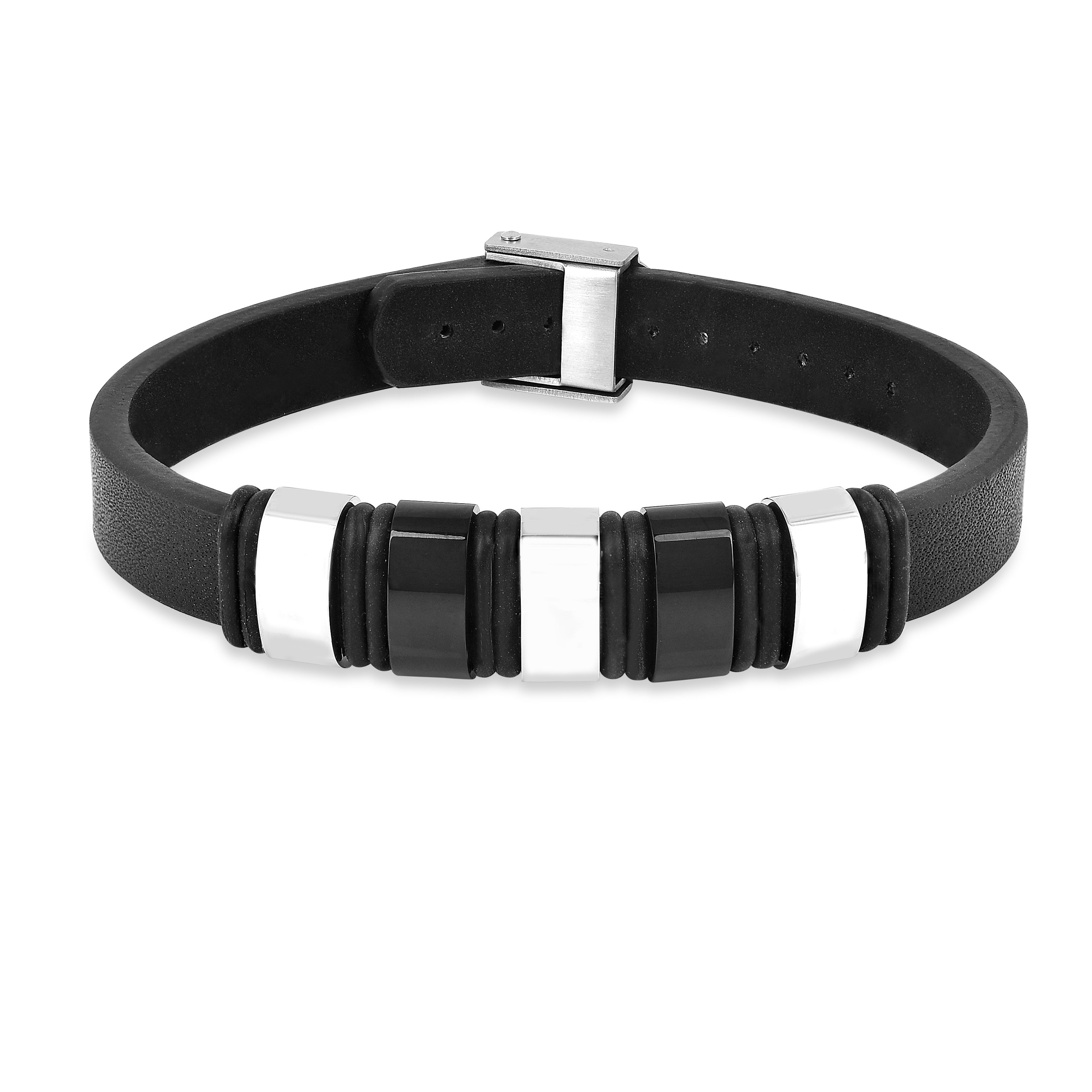 Mens Black fashion Leather Stainless Steel Classic Style Bracelet For Husband Birthday Gift