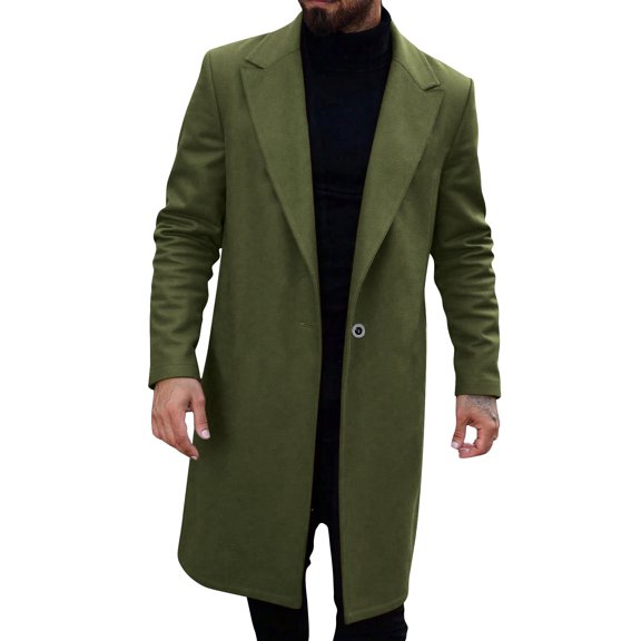 Mens Blazer Coat Long Trench Coats Notched Collar Peacoat Single Breasted Outwear Winter Coat Classic Wool Coat Fleece Dressy Pea Coat Business Outfits(Army Green,L)