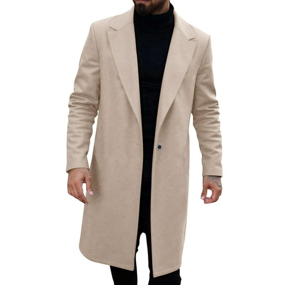 Mens Blazer Coat Long Trench Coats Notched Collar Peacoat Single Breasted Outwear Winter Coat Classic Wool Coat Fleece Dressy Pea Coat Business Outfits(Beige,XL)