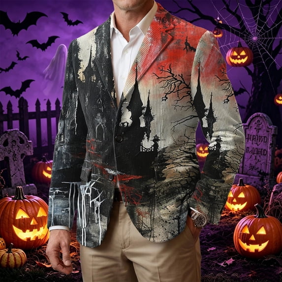 Mens Blazer Halloween Corduroy Suit Jacket Funny Castle Pumpkin Print Sport Coat 3 Buttons Slim Fit Halloween Business Office Blazers with Pockets