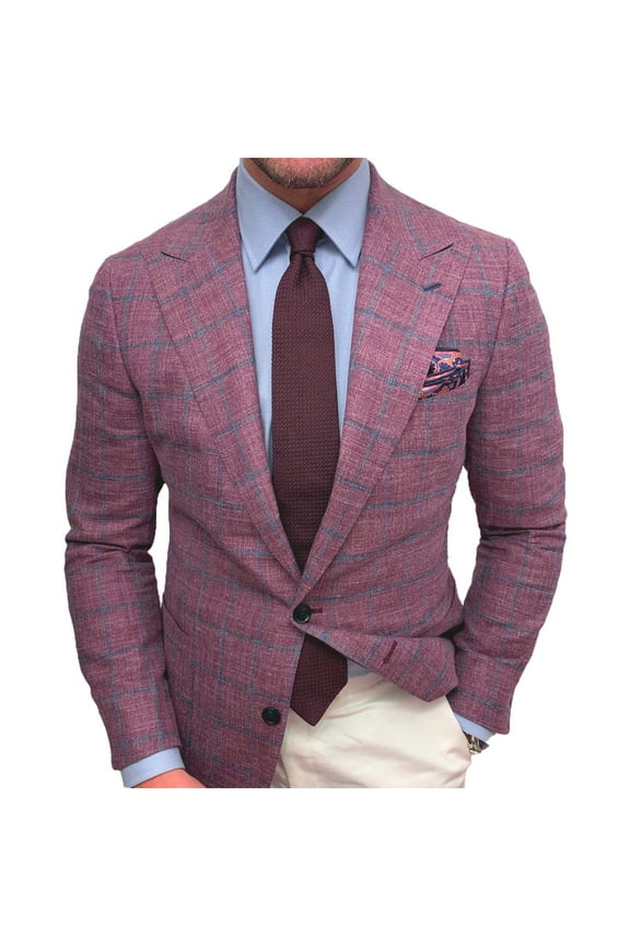 Mens Blazer Plaid Wool Suit Coats Lapel Long Sleeve Button Suit Business Casual and Formal Suit Jacket