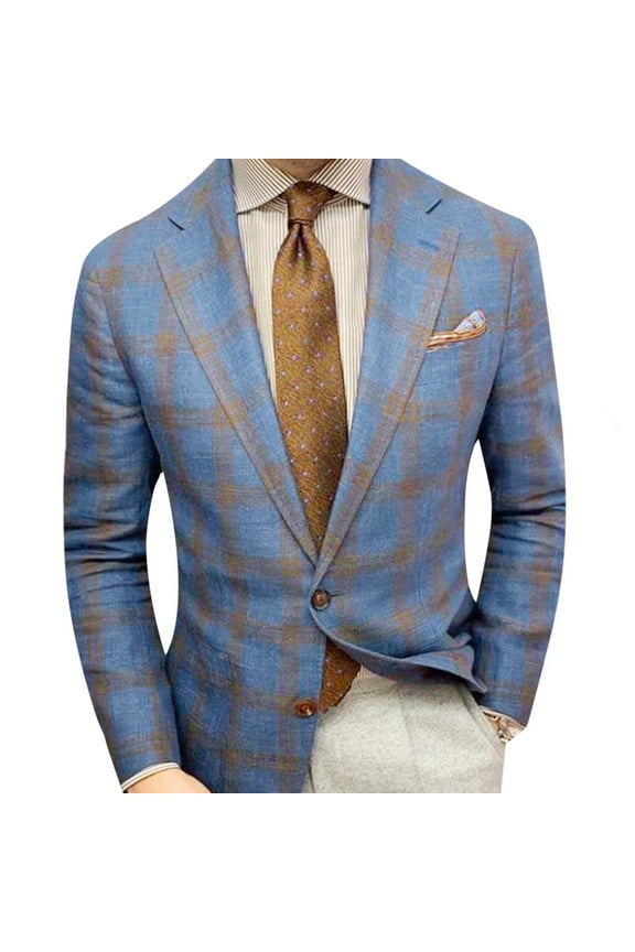 Mens Blazer Plaid Wool Suit Coats Lapel Long Sleeve Button Suit Business Casual and Formal Suit Jacket