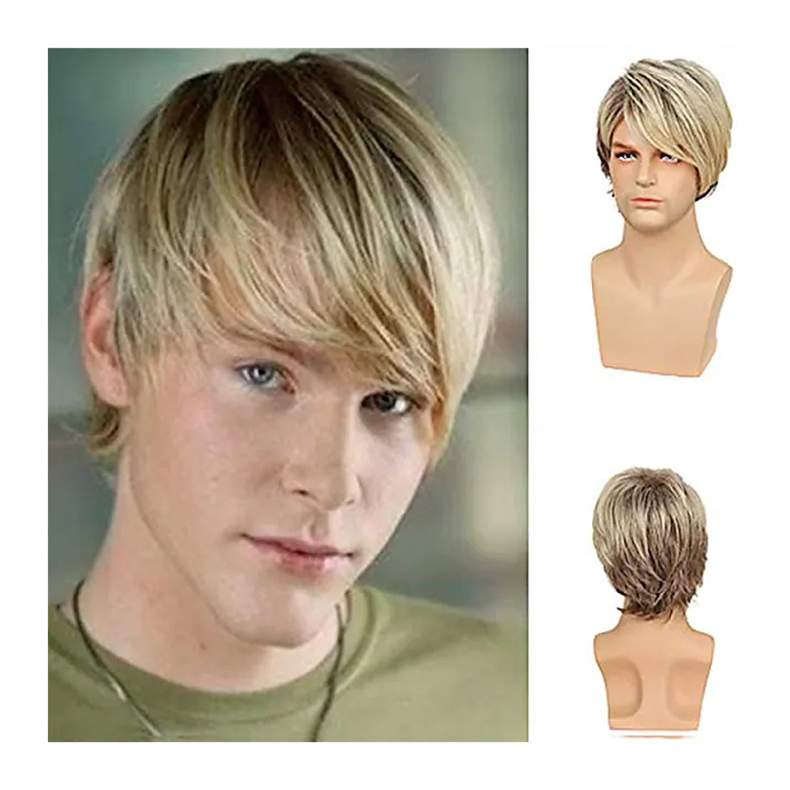 Mens Blonde Wig Short Layered Male Wig Natural Synthetic Heat Resistant Wigs Breathable Halloween Cosplay Costume Party Wig