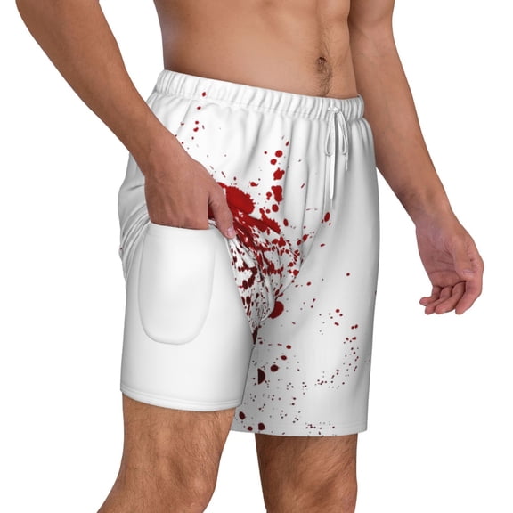 Mens Blood Splatter Swimming Trunks with Compression Liner Beach Quick Dry Swim Shorts