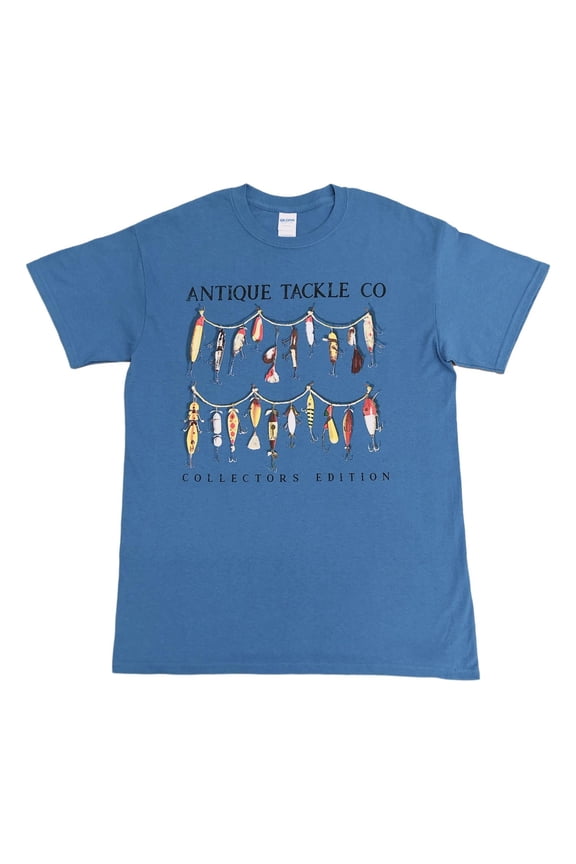 Mens Blue Antique Fishing Tackles Collection Fisherman Graphic T-Shirt Medium
