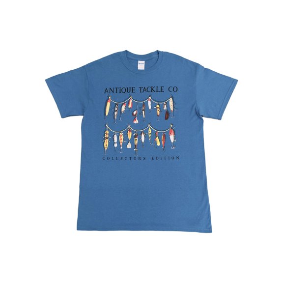 Mens Blue Antique Fishing Tackles Collection Fisherman Graphic T-Shirt Medium
