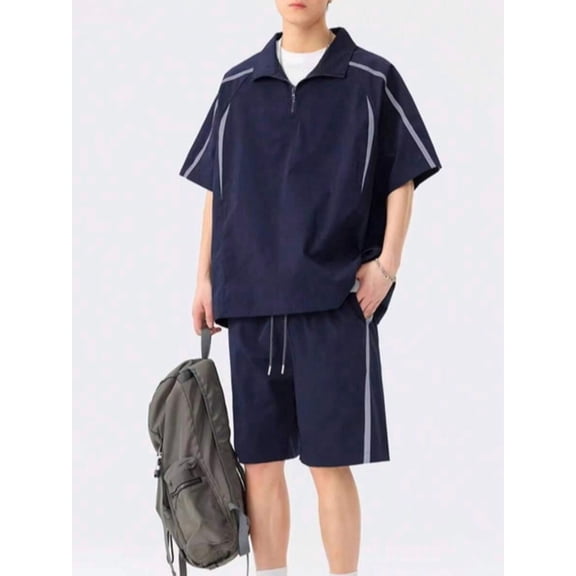 Mens Blue Athletic Co-Ord Set: Half-Zip Short Sleeve Shirt & Drawstring Shorts