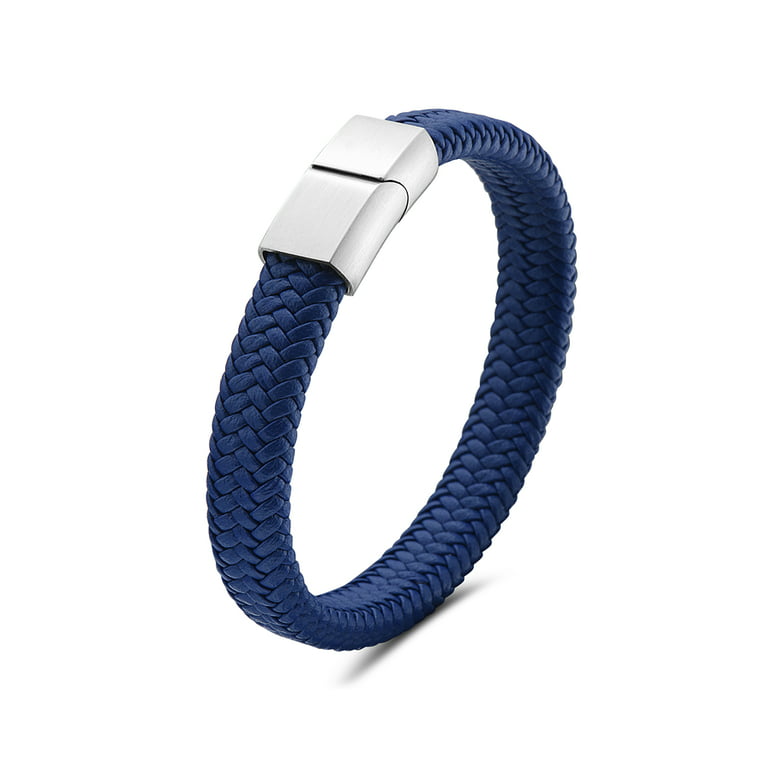 Mens Blue Genuine Leather Bracelet with Stainless Steel Magnetic Lock  (Silver)