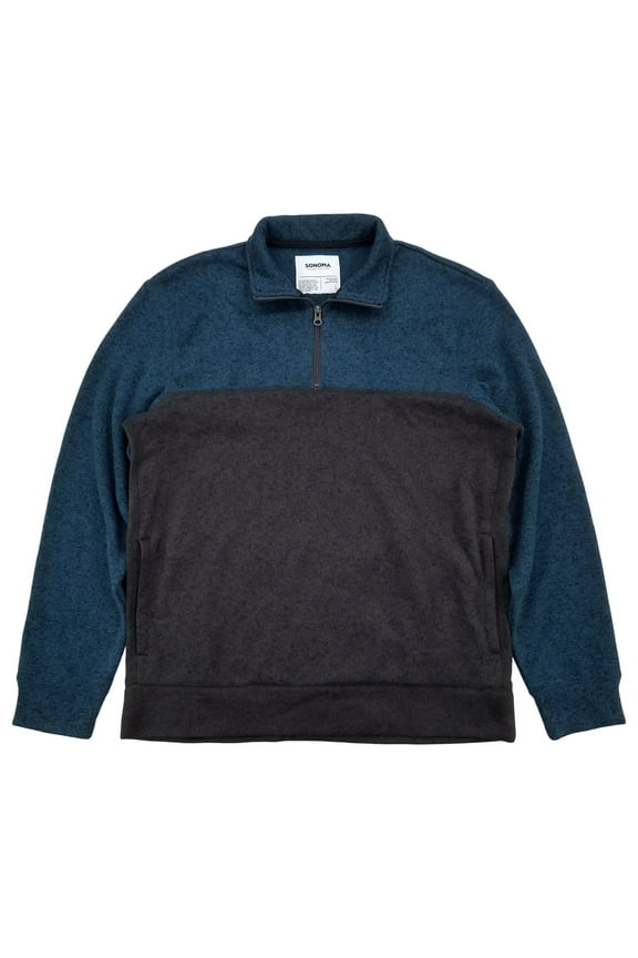 Mens Blue & Gray Brushed Fleece Quarter-Zip Pullover Sweatshirt Jacket L