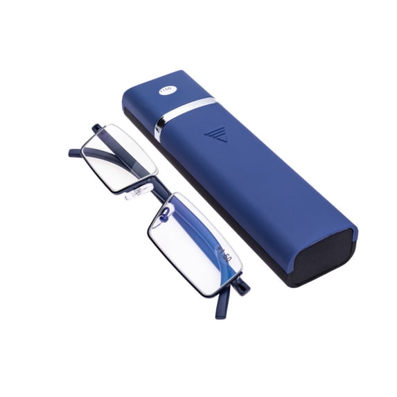 Mens Blue Half Rimless Reading Glasses Blue Light Blocking tr90 Flexible Presbyopic Glasses Half Frameless Rectangle Readers with case