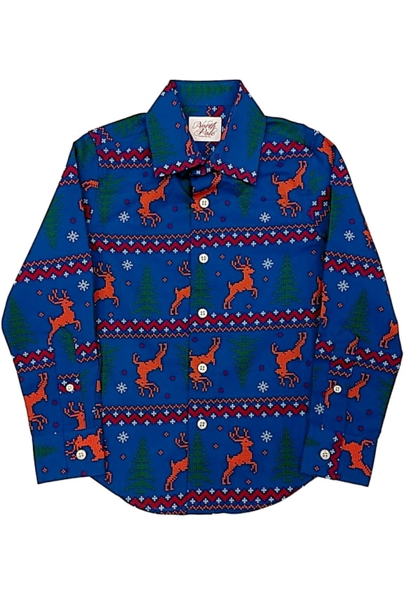 Mens Blue Long Sleeve Button Down Reindeer Holiday Dress Shirt Slim Fit X-Large