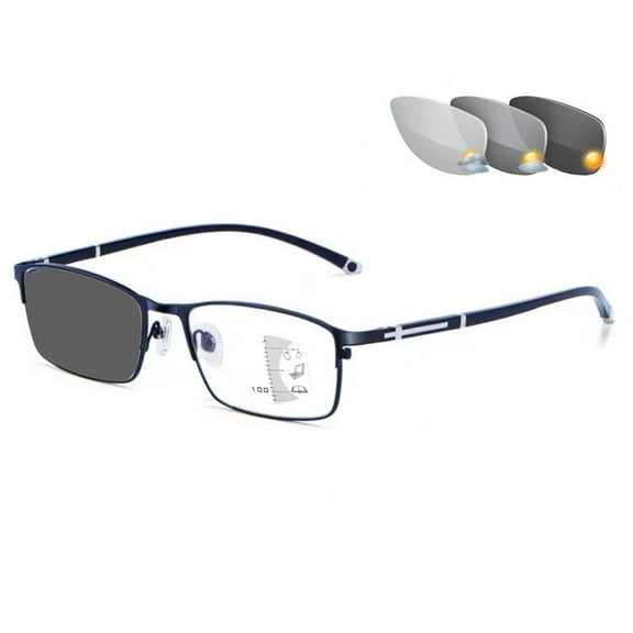 Mens Blue Progressive Photochromic Transition Gray Rectangular Business Reading Glasses 2.50, Blue Light Blocking Presbyopic Glasses, Metal Classic Flexible Readers +2.50 Strength