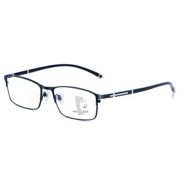 Mens Blue Progressive Rectangular Business Reading Glasses 1.00, Blue Light Blocking Multifocal Presbyopic Glasses, Metal Classic Flexible Readers +1.00 Strength