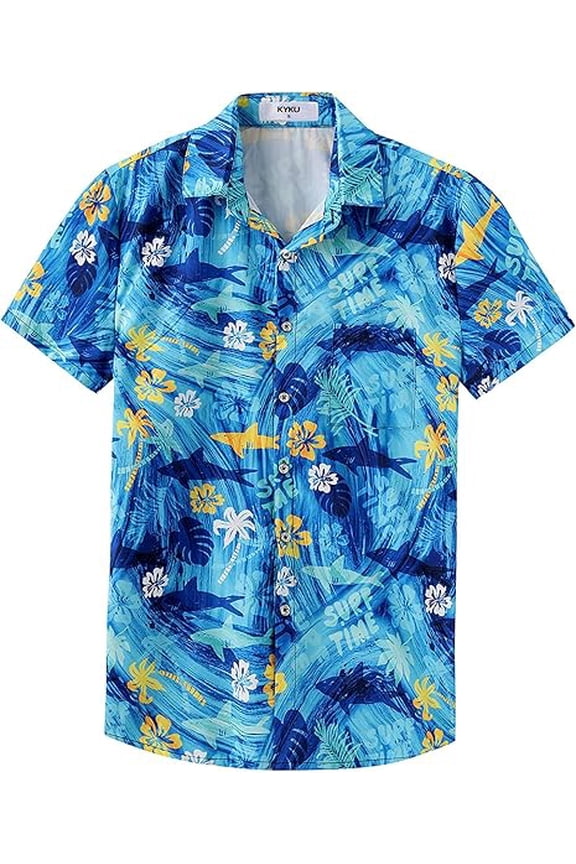Mens Blue Shark Floral Hawaiian Shirt Tropical Surf Beach Button Down Short Sleeve Summer