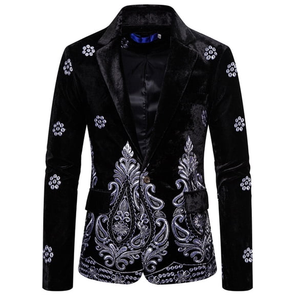Mens Blue Velvet Floral Blazer, Silver Thread Embroidery Single Button Wedding Suits Coat, Social Veste Jacket