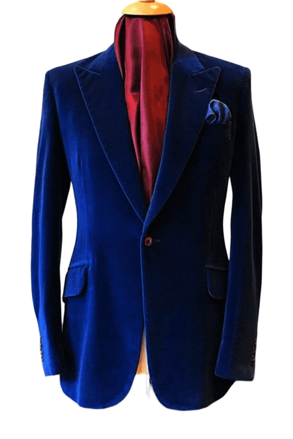 Mens Blue Velvet One-Button Blazer – Grooms Wedding & Formal Event Occasion