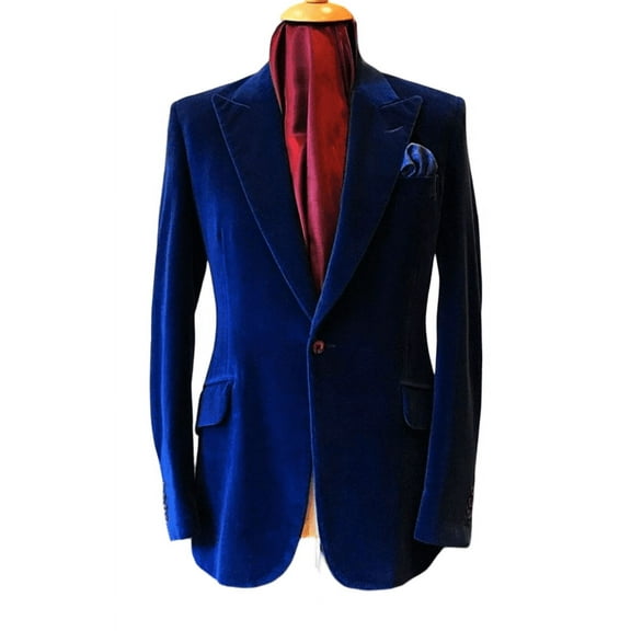 Mens Blue Velvet One-Button Blazer – Grooms Wedding & Formal Event Occasion