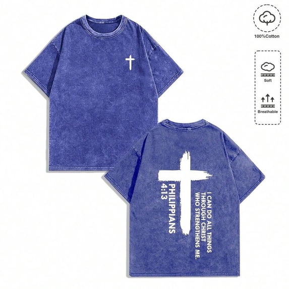 Mens Blue Y2K Vintage Distressed Graphic T-Shirt - Minimalist Cross Front & Oversized Philippians 4:13 Back Print, 100% Cotton Soft Breathable