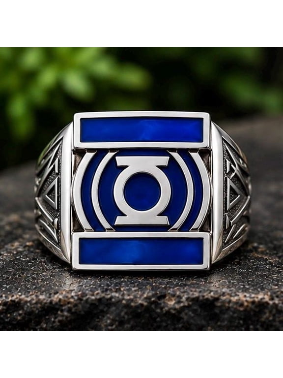 Mens Blue lantern power Super hero Signet Ring, Blue Enamel Silver Tone Brass Sci-Fi Statement Gothic ring Size US 5.5