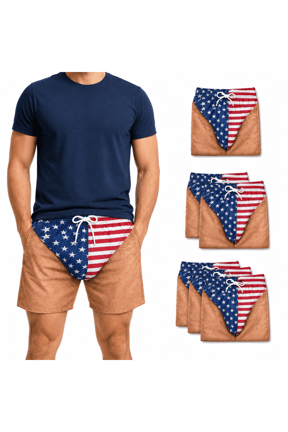 Mens Board Shorts, American Flag Fake Briefs Swim Trunks Men, Funny Realistic Hairy Legs Graphic Beach Shorts for Men, 1 PCS, S