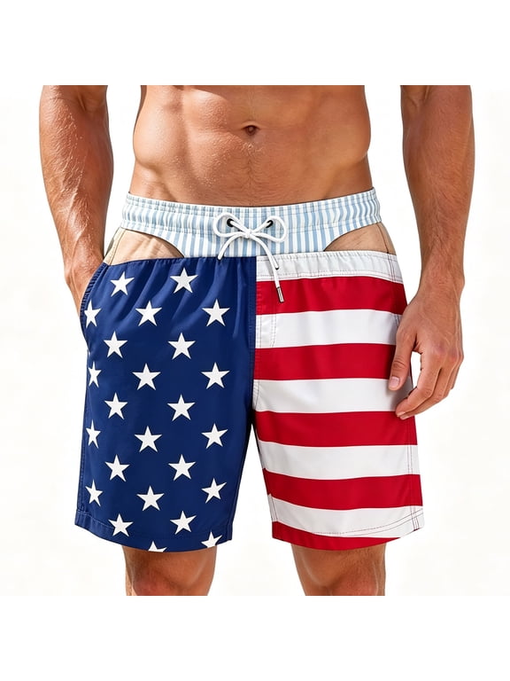 Mens Board Shorts, American Flag Fake Briefs Swim Trunks Men, Funny Realistic Hairy Legs Graphic Beach Shorts for Men