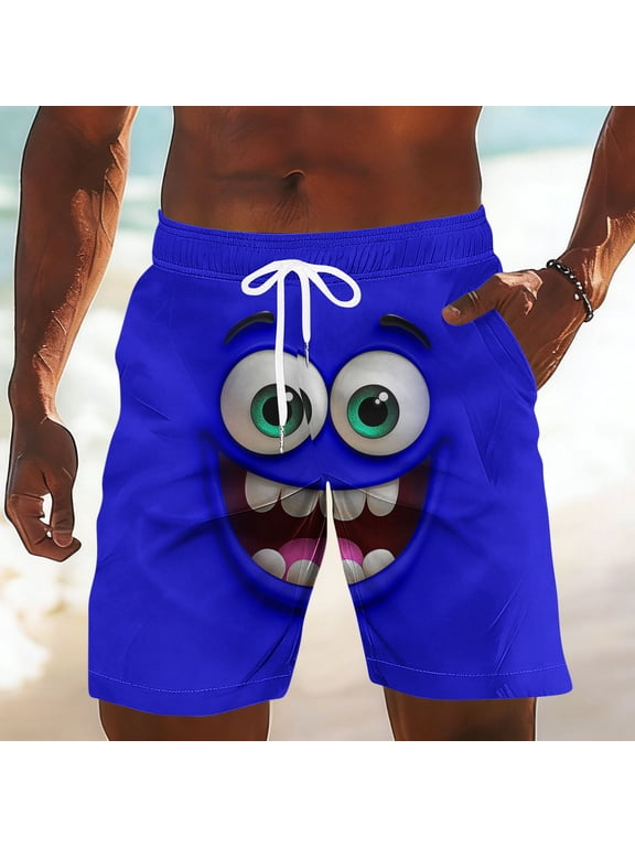 Mens Board Shorts Funny Face Frint Elastic Drawstring Waist Swim Trunk Summer Casual Beach Resort Stretch Bathing Suit