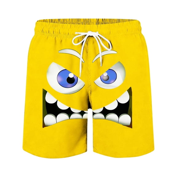 Mens Board Shorts Funny Face Frint Elastic Drawstring Waist Swim Trunk Summer Casual Beach Resort Stretch Bathing Suit