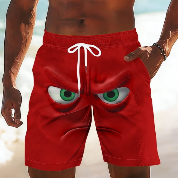Mens Board Shorts Funny Face Frint Elastic Drawstring Waist Swim Trunk Summer Casual Beach Resort Stretch Bathing Suit