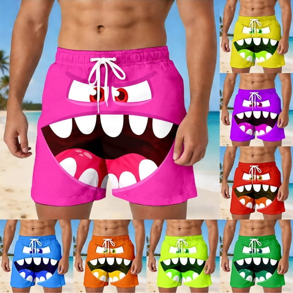 Mens Board Shorts Swimwear Funny Face Print 5 Inch Swim Trunks Lightweight Drawstring Beach Shorts Relaxed Fit Summer Blue XXL