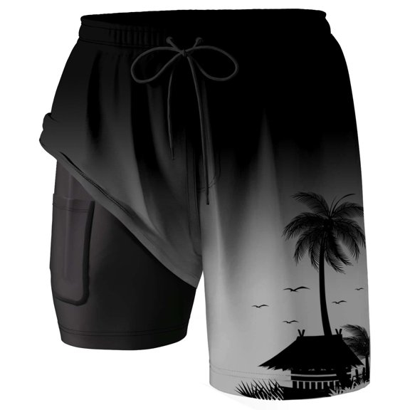 Mens Board Shorts with liner 5 Inch Quick Dry Boxer Shorts Ombre Color Double Layer Inner Pocket Lightweight Breathable Swimwear Summer Vacation Black L
