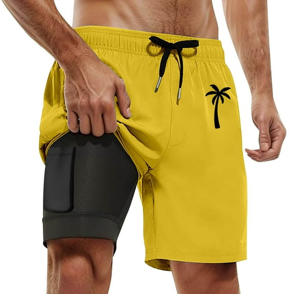 Mens Board Shorts with liner 5 Inch Quick Dry Boxer Shorts Palm Tree Print Double Layer Inner Liner Pocket Lightweight Breathable Swimwear Summer Beach Yellow S