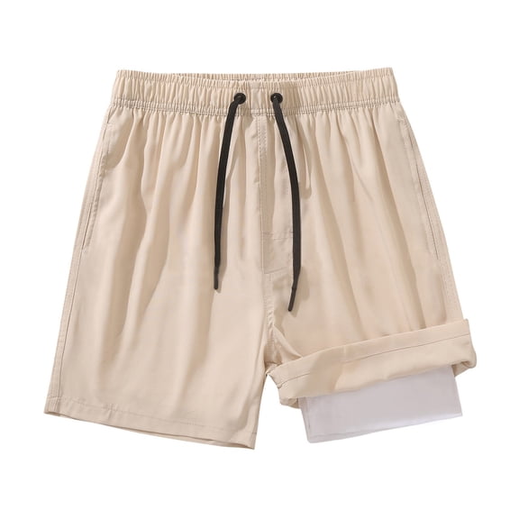 Mens Board Shorts with liner 5 Inch Quick Dry Double Layer Anti See Through Lightweight Breathable Swim Trunks Summer Beach Sport Boxer Shorts Khaki L