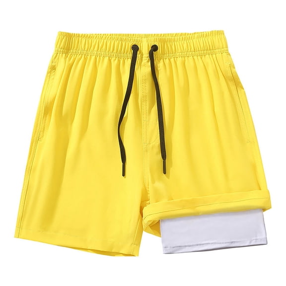 Mens Board Shorts with liner 5 Inch Quick Dry Double Layer Anti See Through Lightweight Breathable Swim Trunks Summer Beach Sport Boxer Shorts Yellow L
