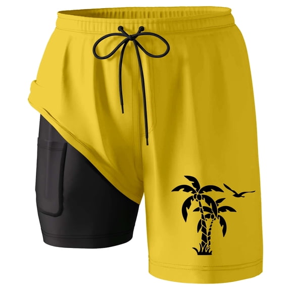 Mens Board Shorts with liner 5 Inch Breathable Boxer Shorts Swim Quick Dry Lightweight Swim Trunks Summer Yellow L