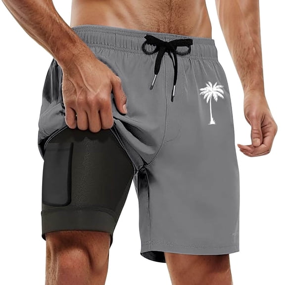 Mens Board Shorts with liner 5 Inch Breathable Quick Dry Beach Shorts Palm Print Double Layer Pocket Lightweight Swimwear Summer Grey S
