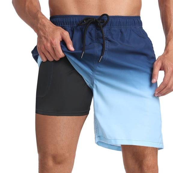 Mens Board Shorts with liner 5 Inch Breathable Quick Dry Swim Trunks Holiday Beach Lightweight Casual Boxer Shorts Summer Blue XL