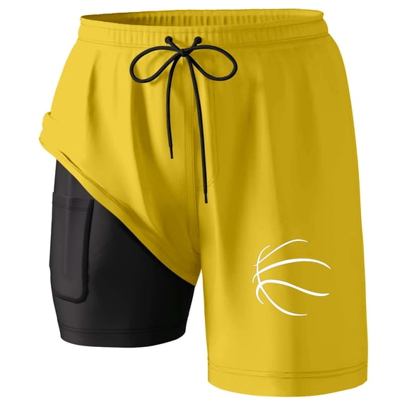 Mens Board Shorts with liner 5 Inch Double Layer Quick Dry Boxer Shorts Lightweight Breathable Swim Trunks Summer Beach Yellow XL