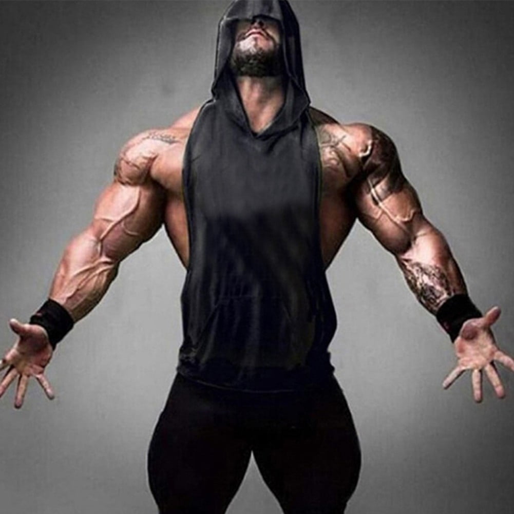 Mens Bodybuilding Hoodie Sleeveless Vest Muscle Tank Top Gym Workout ...
