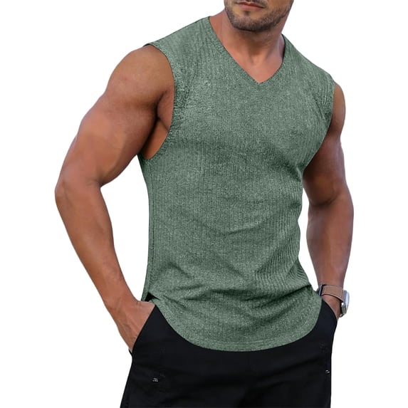 Mens Bodybuilding Tank Tops Ribbed Knit Sleeveless Gym Shirts, Workout Muscle Slim Fit Tees Green L