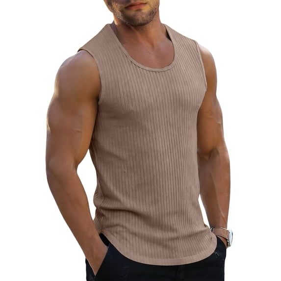 Mens Bodybuilding Tank Tops Ribbed Knit Sleeveless Gym Shirts, Workout Muscle Slim Fit Tees Khaki XL