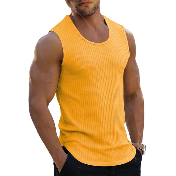 Mens Bodybuilding Tank Tops Ribbed Knit Sleeveless Gym Shirts, Workout Muscle Slim Fit Tees Yellow 3XL