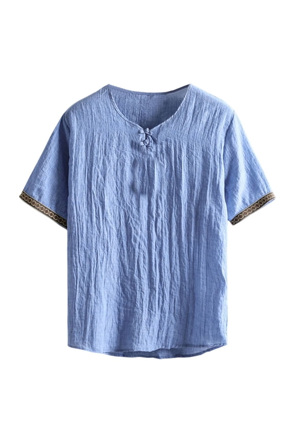 Mens Boho Cotton Linen Shirt Short Sleeve Loose Ethnic Style Tee Casual Beach Yoga Top Lightweight Vintage V Neck Blouse