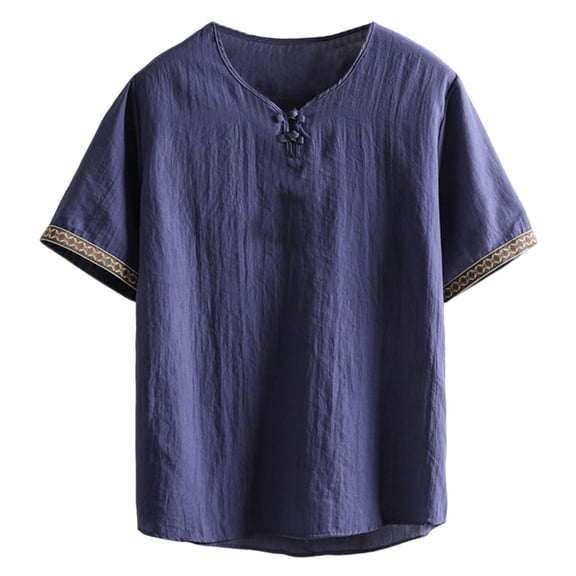 Mens Boho Cotton Linen Shirt Short Sleeve Loose Regular Tee Casual Beach Yoga Top Lightweight Vintage V Neck Blouse