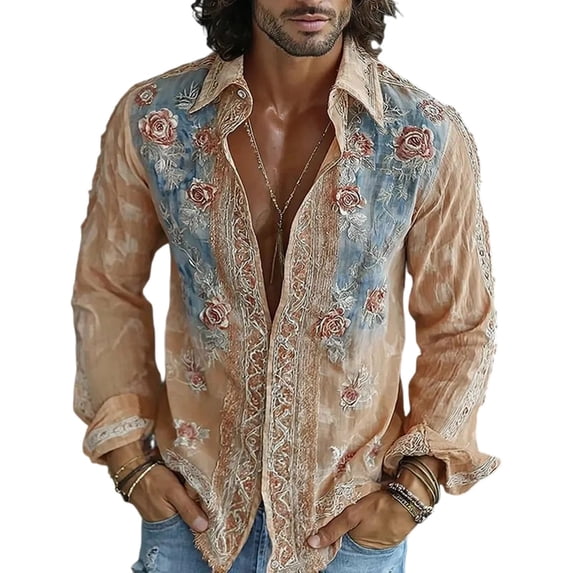 Mens Boho Hawaiian Hippie Patterned Shirt Retro Casual Button Down Top Vacation Holiday Resort Outfit Blouse