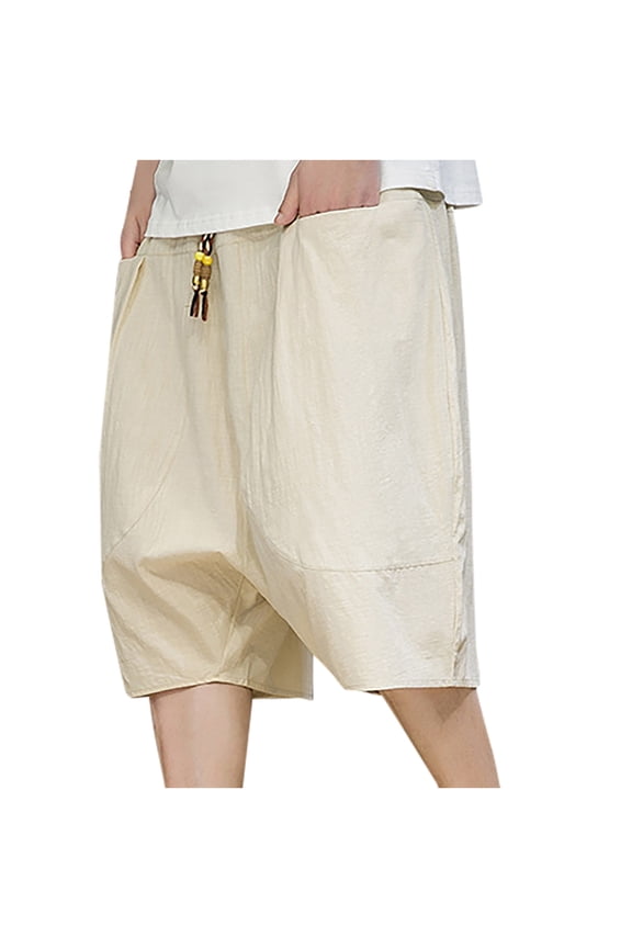 Mens Boho Summer Beach Harem Shorts Plus Size Wide Leg Drawstring Casual Loose Shorts Beige,5XL