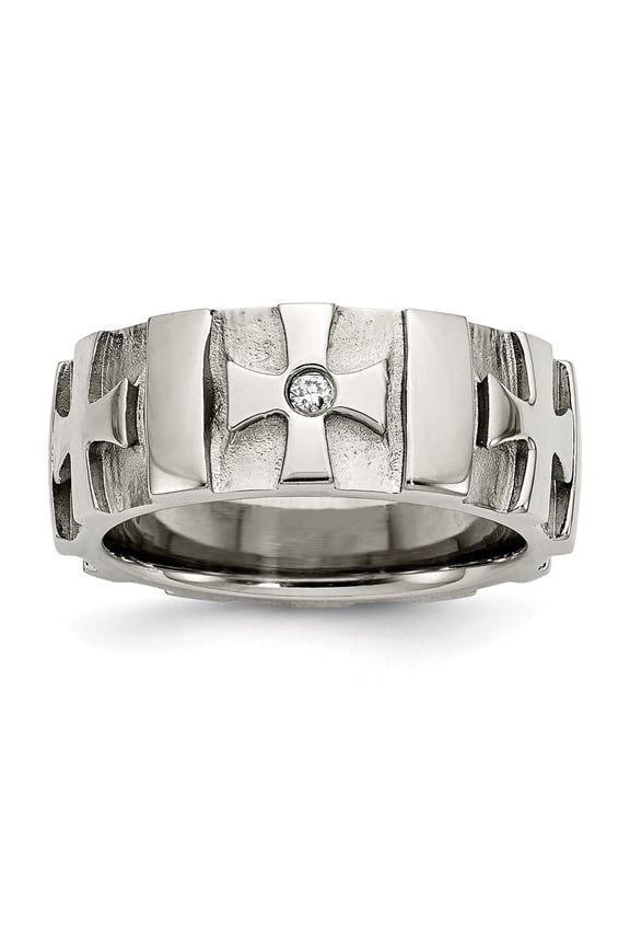 Mens Bold Textured Silver Cross Ring with Sparkling Gemstones Modern Faith Jewelry with Raised Cross Motif Statement Spiritual Design Contemporary Polished Band Rugged Architectural Style