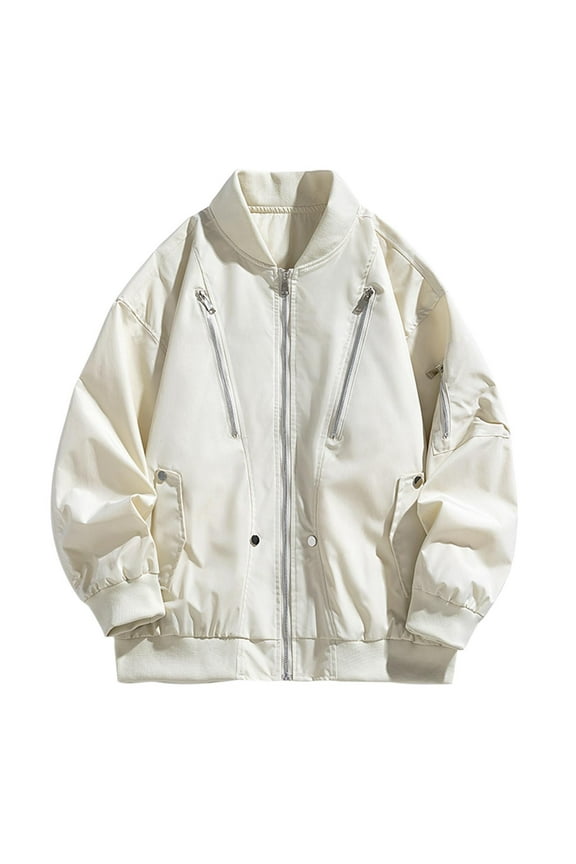 Mens Bomber Jacket Lightweight Casual Zip Up Windbreaker Spring Fall Varsity Flight Coat Loose Sportwear With 5 Pocket Down Jacket White Xl